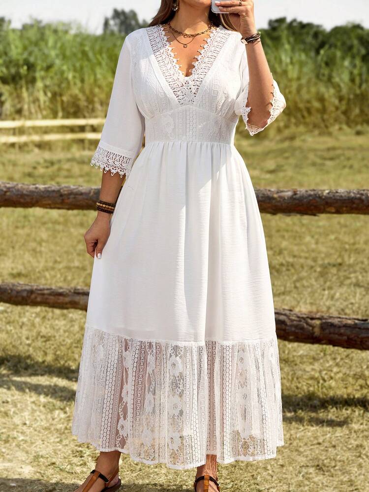 Plus Size Solid Color V-Neck Lace Patchwork Elegant Dress/Summer/Spring/Vacation Elegant Dress Women  White Dresses For Women