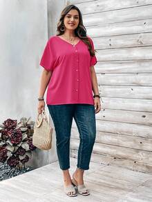 EMERY ROSE Plus Size Women's Orange Button Embellished Short Sleeve Shirt For Spring - Hot Pink - View 5