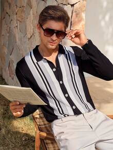 Manfinity CityGents Men's Striped Long Sleeve Single-Breasted Casual Knit Cardigan Men's Crochet Shirts Greece Vacation Outfit Men Black And White Outfits Pen Vacation - Multicolor - View 4