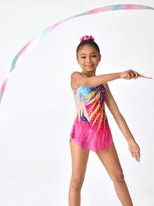 SHEIN Tween Girls Sleeveless Printed Leotard, Soft & Skin-Friendly, Snug Fit Design To Prevent Exposure, Suitable For Sports, Gymnastics, Dance Competitions, All Seasons - Orange - View 6