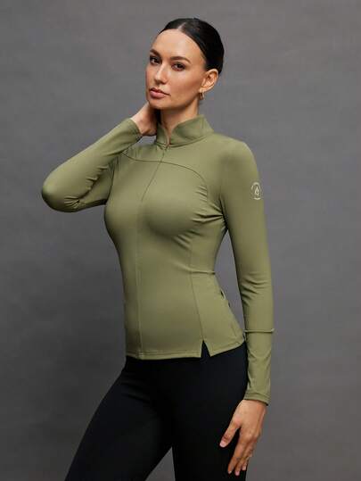  Activina Women's Stand Collar Olive Green Long Sleeve Equestrian Jacket Sports Top Shirt Activina Women Equestrian Clothing Equestrian T-Shirt Navy Color Golf Apparel  Yoga Fitness Sports Stretchy Soft Open Front Tie-Up V-Neck Wrap Long Sleeve Cropped Tight Tee, Fashionable Minimalist Casual Elegant Wardrobe Essential Design For Women, Spring/Autumn Fall Cloth For Women