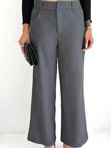 Shopreo Women Black Solid Color Commuter Casual/Fashionable Outing/Versatile Casual/Old Money Style Patch Pocket High Waist Loose Wide-Leg Pants, Suitable For Work/Office, Low-Waisted, Loose, Wide-Leg, Long Pants, For Autumn/Winter - Dark Grey - View 5