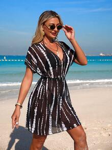 Swim Lushoire Đầm che phủ tay cánh dơi bằng vải lưới nhuộm tie-dye dành cho nữ, thích hợp cho kỳ nghỉ. - Đen và trắng - Xem 8