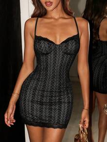 SHEIN ICON Women's Lace Fitted Sexy Spaghetti Strap Mini Dress - Black - View 6