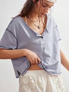 Bohemela 波西米亚风春夏休闲蓝色针织V领短袖宽松水洗女式T恤，适合情人节、度假、西部乡村音乐节、假日、海滩度假、返校季等场合。 - 灰色 - 查看 2