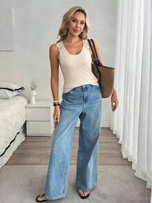 Louniche Camiseta de tirantes básica y minimalista con cuello cuadrado y parches de encaje, para verano - Albaricoque - Ver 5