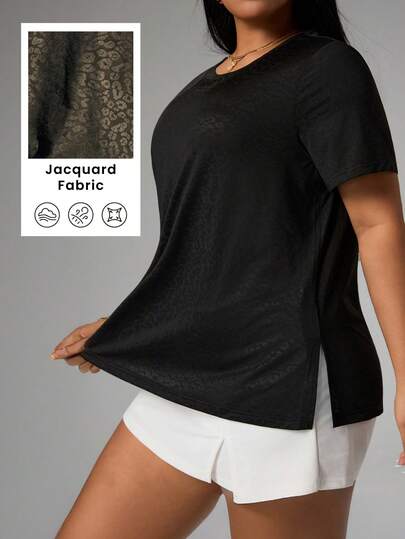 Rhythm Era Plus Size Women's Casual Solid Color Short Sleeve Loose Fit Black Sports T-Shirt