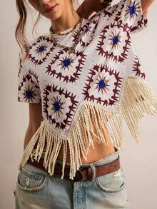 Freevana Áo thun tay ngắn ren móc họa tiết hình học phong cách Boho miền Tây – Cổ tròn, dáng rộng, cổ chữ V, viền tua rua, áo kiểu nữ thường ngày cho lễ hội Coachella, phong cách cao bồi, rodeo, kỳ nghỉ hè. - Nhiều màu - Xem 7