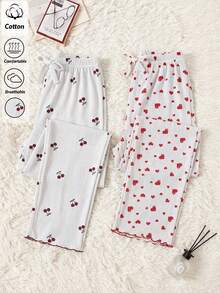 SHEIN Women Cotton 2 Pcs Fake Drawstring Detail Contrast Colour Cherry&Heart Pattern Homewear Long Rib Knit Casual Cute Sleep Lounge Bottoms Set - Pink - View 1