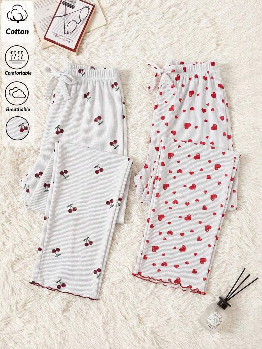 SHEIN Women Cotton 2 Pcs Fake Drawstring Detail Contrast Colour Cherry&Heart Pattern Homewear Long Rib Knit Casual Cute Sleep Lounge Bottoms Set - Pink - View 1
