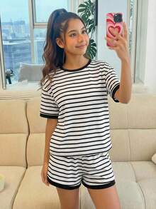 少女黑白条纹宽松两件套，休闲度假时尚百搭，姐妹装，适合公园露营、家庭合影、派对、日常穿着 - 黑與白 - 查看 5