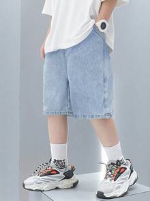 SHEIN 男童夏季复古休闲拼接宽松蓝色牛仔短裤，带侧袋，适合春夏春假穿着 - 淺色水洗藍 - 查看 3