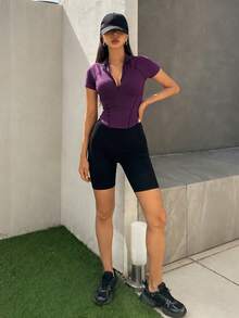 DAZY Camiseta Ajustada de Manga Curta Casual Esportiva Feminina, Verão - Roxo - Visão 2