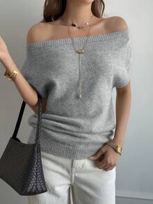 DAZY Suéter asimétrico de manga corta elegante para mujer - Gris - Ver 4