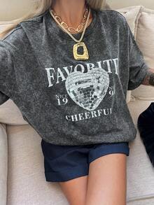 DAZY Women's Summer Round Neck Loose Printed Casual Pullover T-Shirt - Grey - View 1