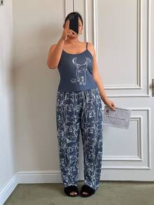 SHEIN 大码女式可爱猫咪印花吊带背心和休闲裤睡衣套装 - 彩色 - 查看 3
