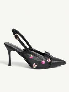 CUCCOO CHICEST Women's Fashion Pointed Classic PU Embroidered Mesh Yarn With Sexy Evening Wear Party Style Simple Slingback Stiletto High Heels Shoes - Black - View 3