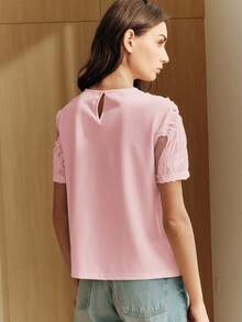 2026 Camiseta corta de cuello redondo con bordado de cuentas y textura para mujer - Rosa - Ver 2