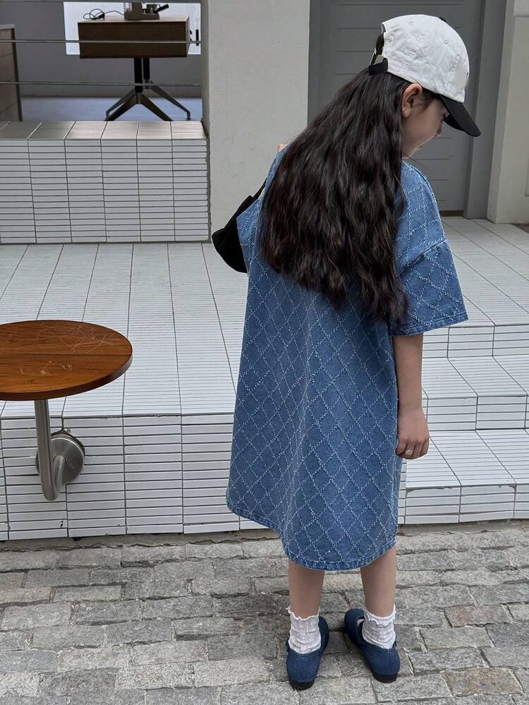 Tween Girls' Plaid Round Neck Drop Shoulder Casual Loose Denim Dress