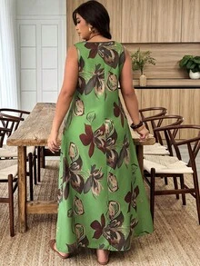 Weeklong Plus Size Women's Spring/Summer Notched Neck Sleeveless A-Line Floral Print Casual Vacation Dress - Green - View 2