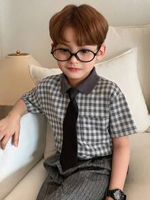 DAZY 男童千鸟格 Polo 领短袖休闲口袋 T 恤 - 灰色 - 查看 6