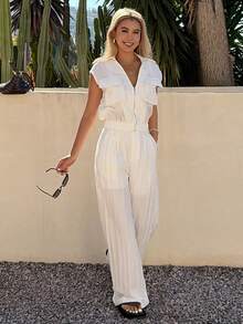 Livesso 女士休闲两件套：翻领外套，带大口袋和拉链，搭配裤子 - 白色 - 查看 6