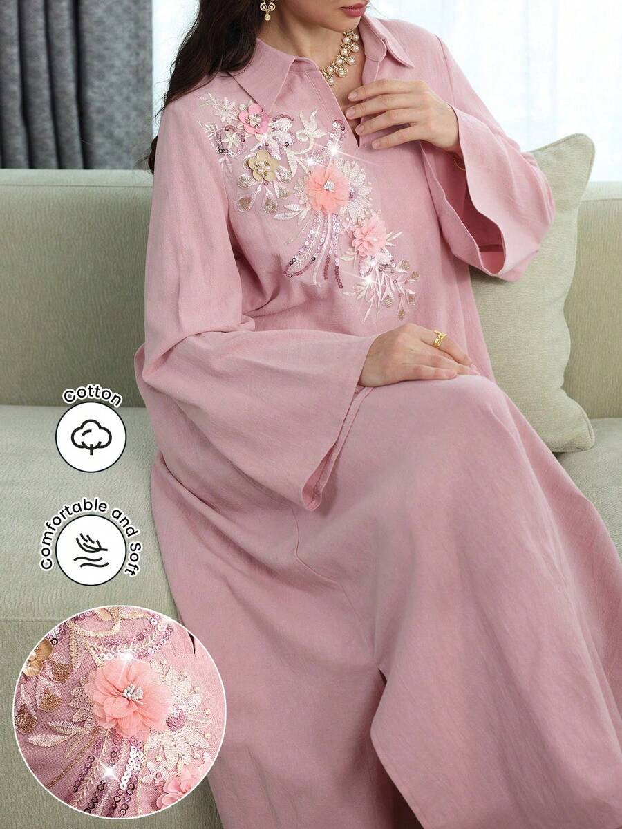Al Najma Elegantes langärmliges Kleid mit Paillettenkragen in Pink - Pink - Übersicht 1