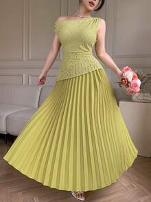 DAZY Đầm dài xếp ly lệch vai, phối ren tinh tế dành cho nữ, thích hợp cho mùa hè, dự tiệc cưới, váy hè. - Màu vàng - Xem 5