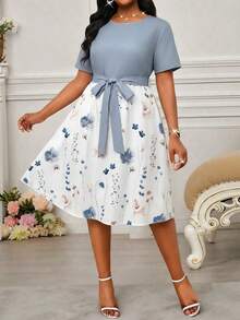 SHEIN Lady 大码优雅派对撞色印花连衣裙 - 彩色 - 查看 3