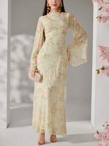 Vestido elegante de manga abullonada con cuello oblicuo y bajo asimétrico en color amarillo mostaza - Multicolor - Ver 8