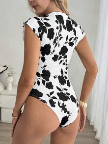 Louniche Women's Printed Crew Neck Bodysuit - Black and White - View 2