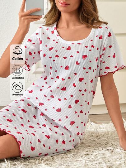 SHEIN Women Cotton 2 Pcs Rib Knit White With Contrast Colour Heart Pattern Round Neck Short Sleeved Homewear Comfort Casual Sleep Nightgown Lounge Dress