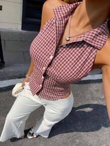 Siren Gaze 女士格子单排扣休闲露背吊带衬衫 - 彩色 - 查看 2