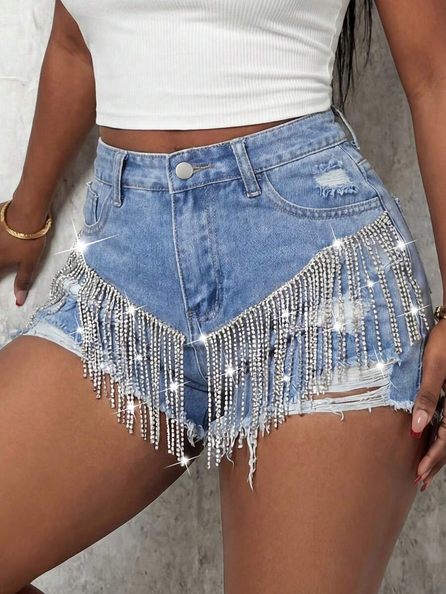 Slaydiva 女士口袋纽扣做旧毛边休闲百搭日常牛仔短裤 - 藍色 - 查看 1