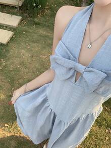 DAZY 女款夏季蝴蝶結裝飾V領綁帶休閒長洋裝 郵輪度假風陽光裙 - 淺藍色 - 查看 1