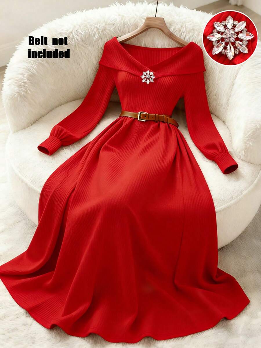 Franclia 女士法式V领针织连衣裙，收腰喇叭裙摆，优雅温柔，适合派对和约会。 - 紅色 - 查看 1