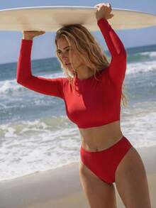 Swim SPRTY 2pcs/Set Fashion Casual Surfing Swimwear Top And Bottom - Red - View 1