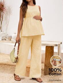 SHEIN Maternity Vacation Striped Ruffle Hem Sleeveless Top And Adjustable Waist Pants Casual 2 Pieces Set - Yellow - View 3