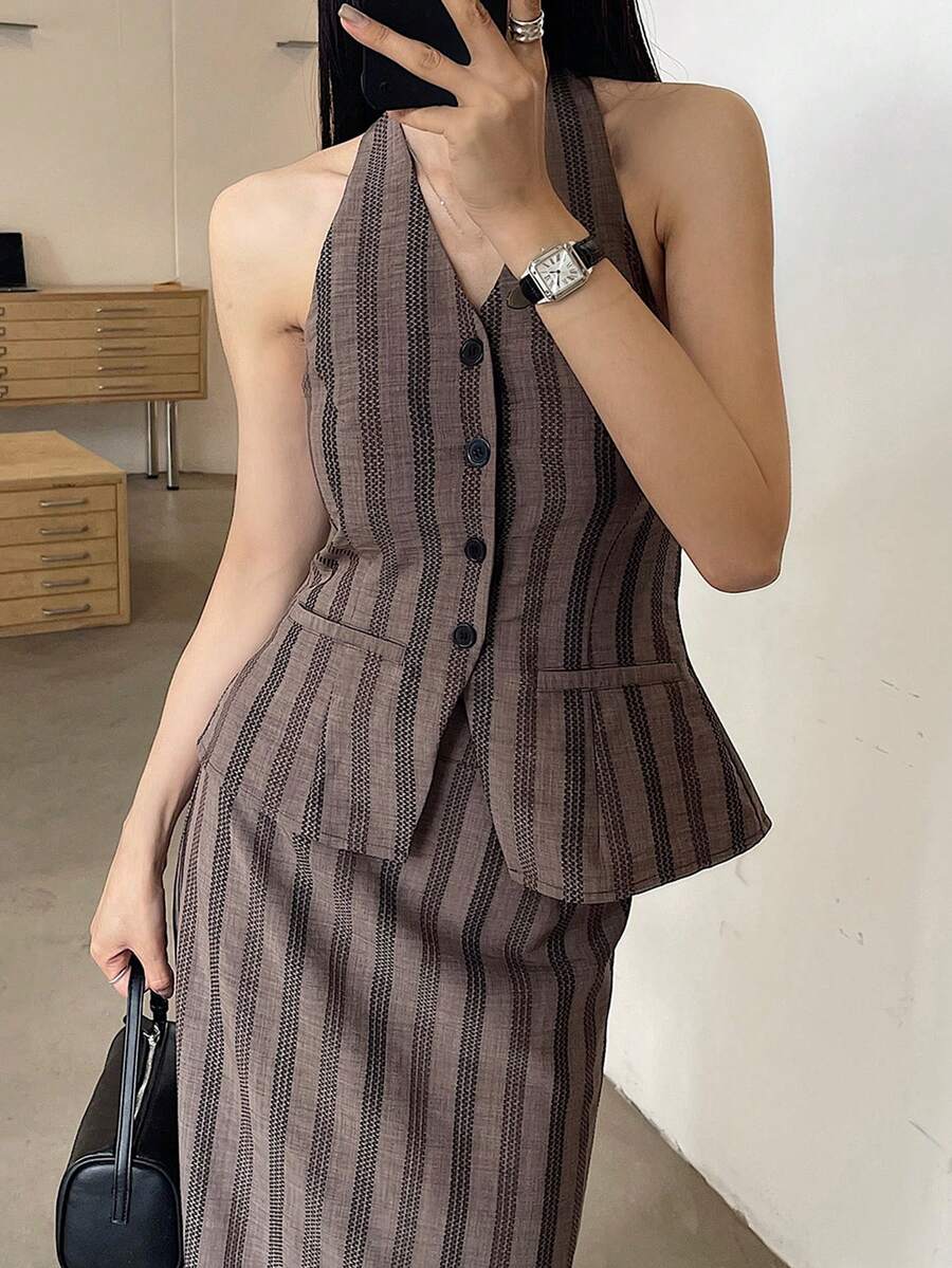 DAZY 女士夏季休闲通勤条纹露背吊带上衣和半身裙两件套 - 藍色 - 查看 1