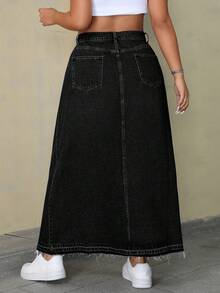 SHEIN ICON Plus Size Casual Washed Long Denim Skirt - Black - View 2