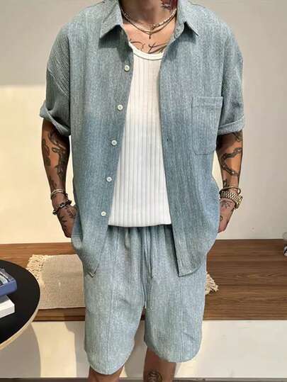 DAZY 男士短袖衬衫短裤套装，蓝色纹理面料，夏季