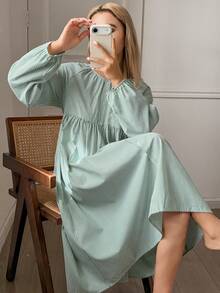 DAZY 清新绿色条纹褶皱领宽松灯笼袖女士睡裙 - 綠色 - 查看 4