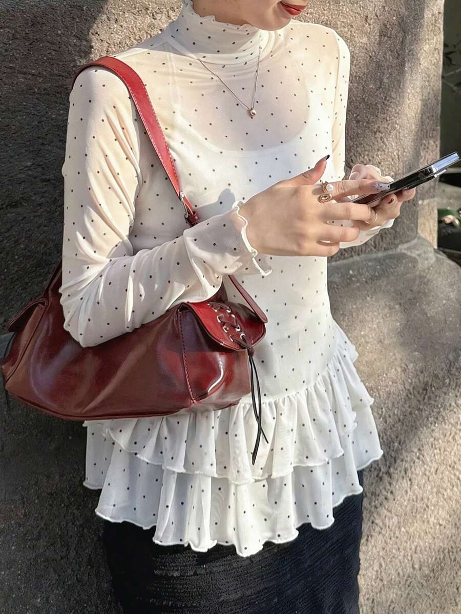 FRIFUL Blusa de mujer con volantes de manga larga, de malla con lunares, para primavera - Blanco - Ver 1