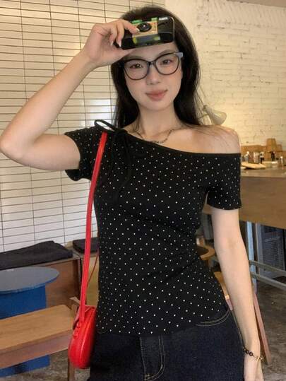 DAZY Women's Polka Dot Print Asymmetric Neck Tie Short Sleeve T-Shirt Summer
