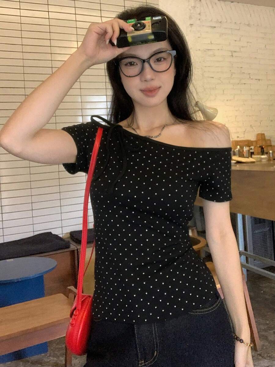 DAZY Women's Polka Dot Print Asymmetric Neck Tie Short Sleeve T-Shirt Summer - Black - View 1