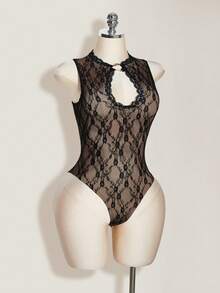 SHEIN ICON Conjunto de 2 piezas de mujer: Mono sexy con recortes de encaje y minifalda fruncida, para verano - Negro - Ver 4