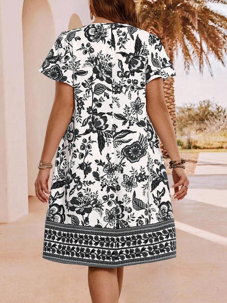 Plus Size Women Floral V-Neck Ruffle Short Sleeve Casual Dress