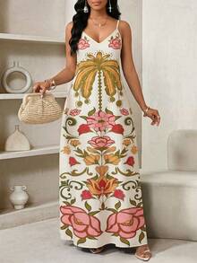 SHEIN Lady 大码女士棕榈树印花休闲吊带裙 - 彩色 - 查看 4