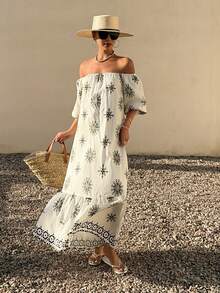 DAZY Rochie midi elegantă pentru femei, cu imprimeu floral, cu curea în talie, de vară, rochie de nuntă pentru invitați, rochie de vară pentru femei, rochie de vară cu umăr dezgolit - Caisă - Vizualizare 5