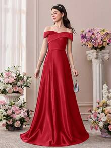 Pitira Burgunderrotes Satin elegantes langes Kleid, Off-Shoulder, rückenfreiem Bindebanddetail, geeignet für Hochzeit, Geburtstagsfest, Abschlussball, Brautjungfer, formelle Abendrobe, Abschlussfeier, Frühlingsfest - Bordeaux - Übersicht 4